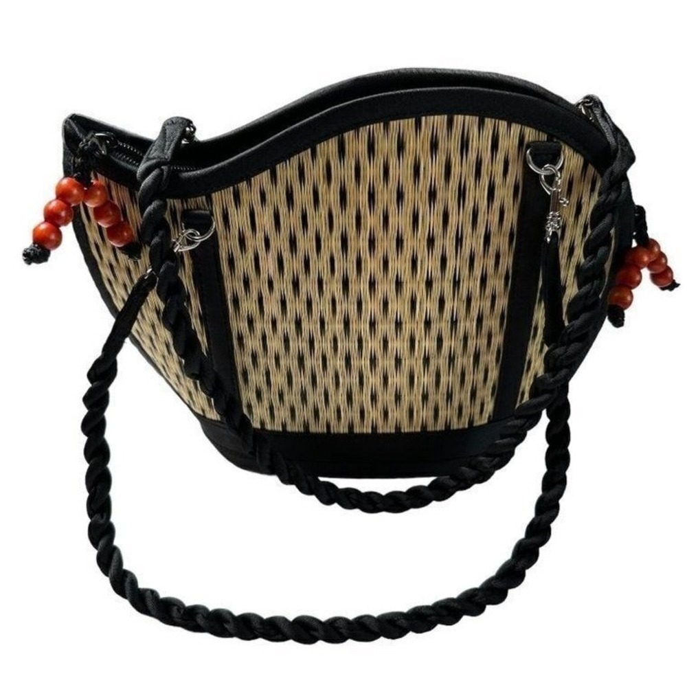 Baskets of Cambodia Woven Straw Shoulder Bag Black Tan Wave Top Beaded Zipper